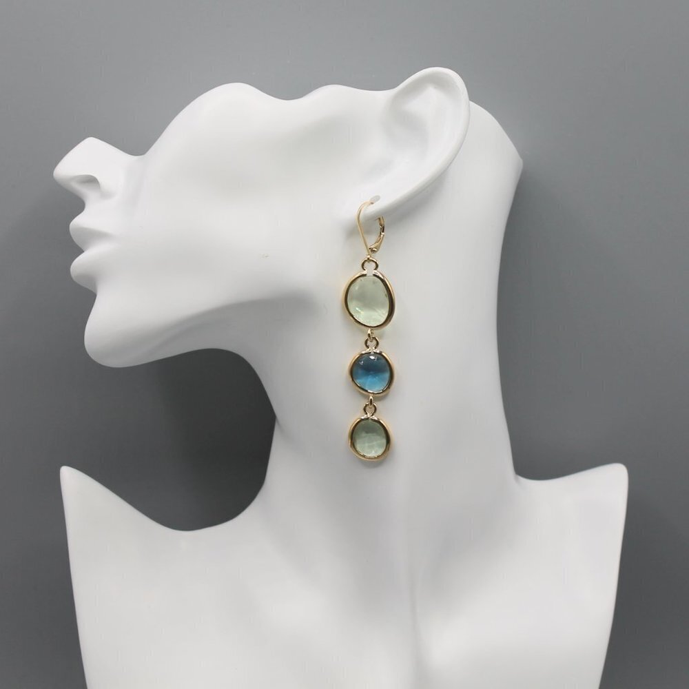 Jewelry earrings long dangle yellow gold blue stones elegant beautiful new - Picture 3 of 12